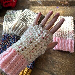 Cozy Pink and Cream adult fingerless gloves